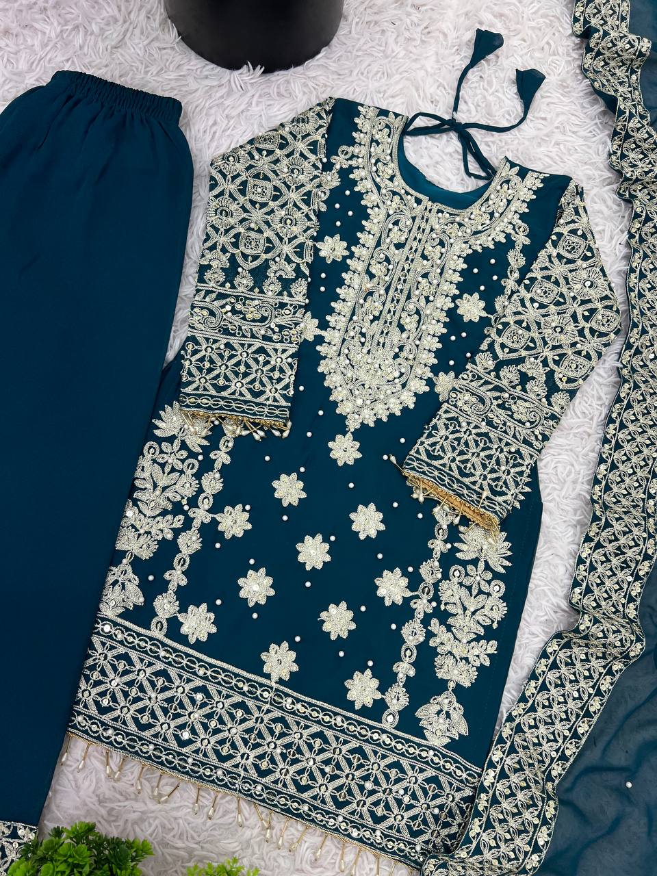 Faux Georgette With Heavy Embroidery Sequence Work Top-Bottom And Dupatta Set Fully Stitched Ready To Wear