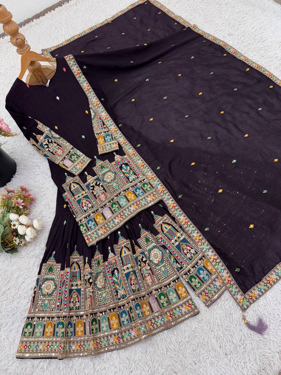 Heavy Embroidery Coding Dori-Sequence Work Top-Bottom And Dupatta Set Fully Stitched