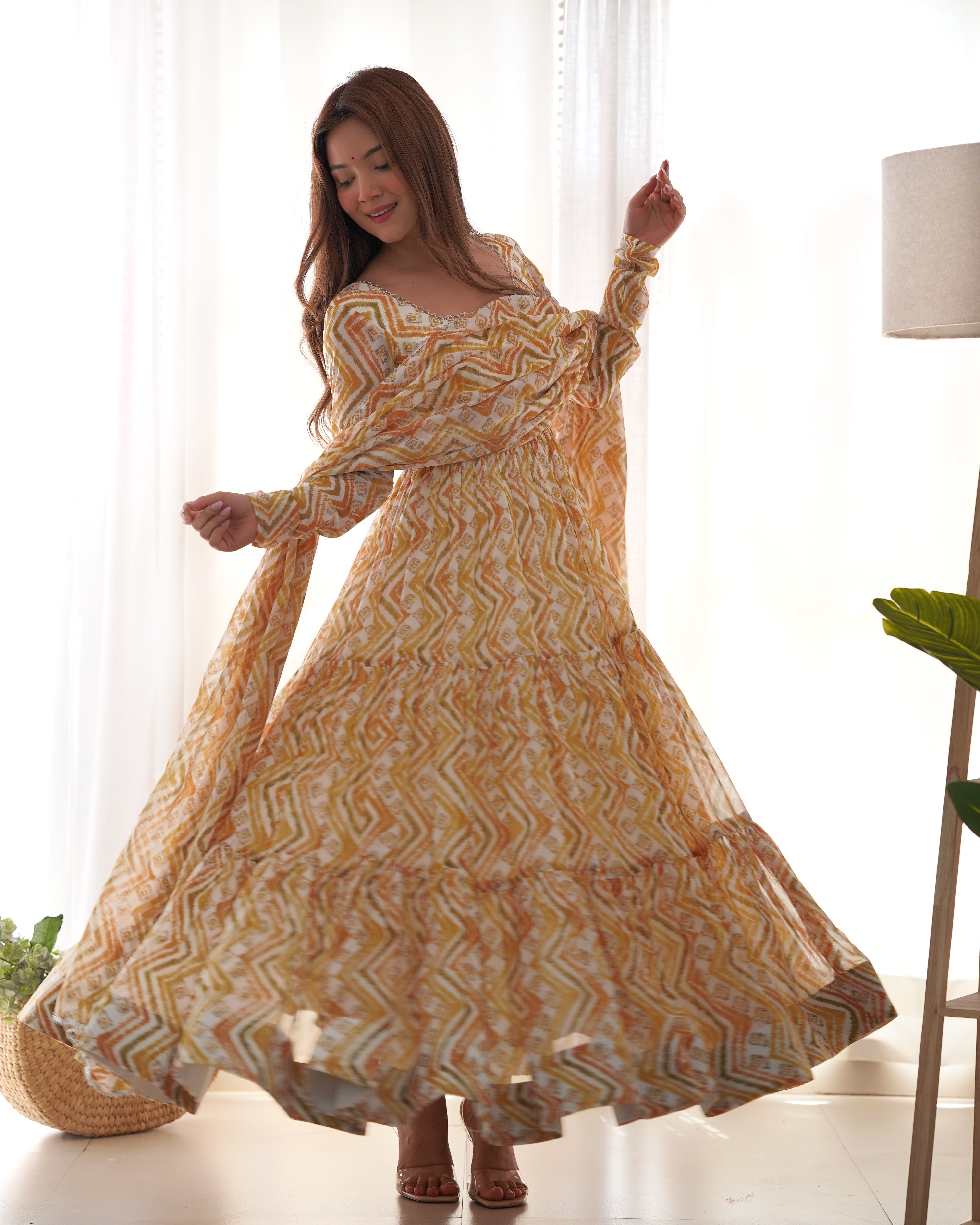 HEAVY PURE SOFT FOX GEORGETTE ZIGZAG PRINT GOWN