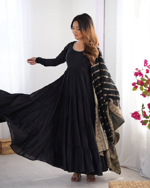 HEAVY PURE ROMANSILK CHANDERI FABRIC GOWN