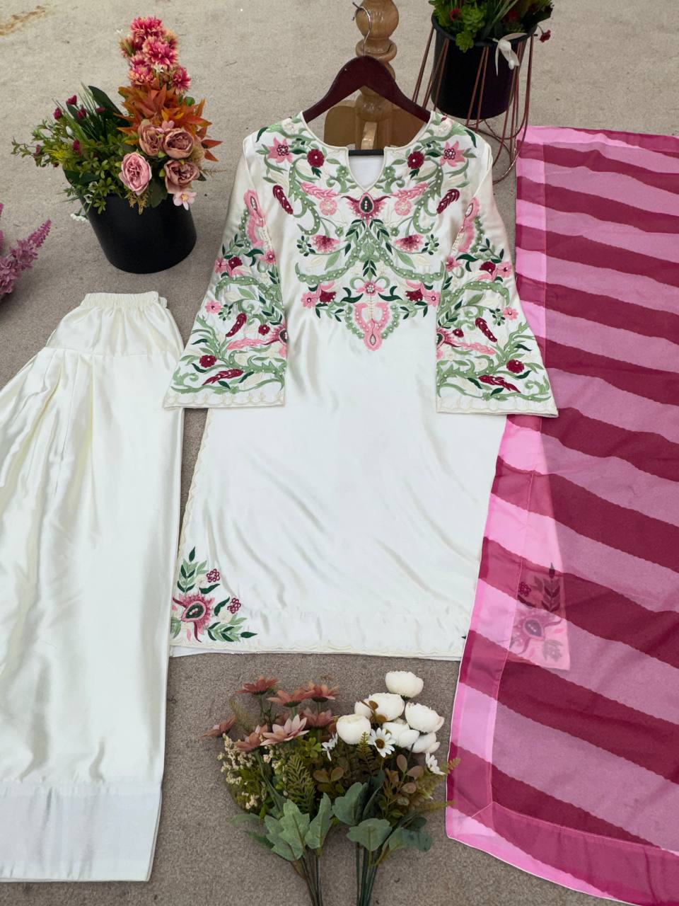 Natural Crep Silk Top-Bottom And Dupatta Set