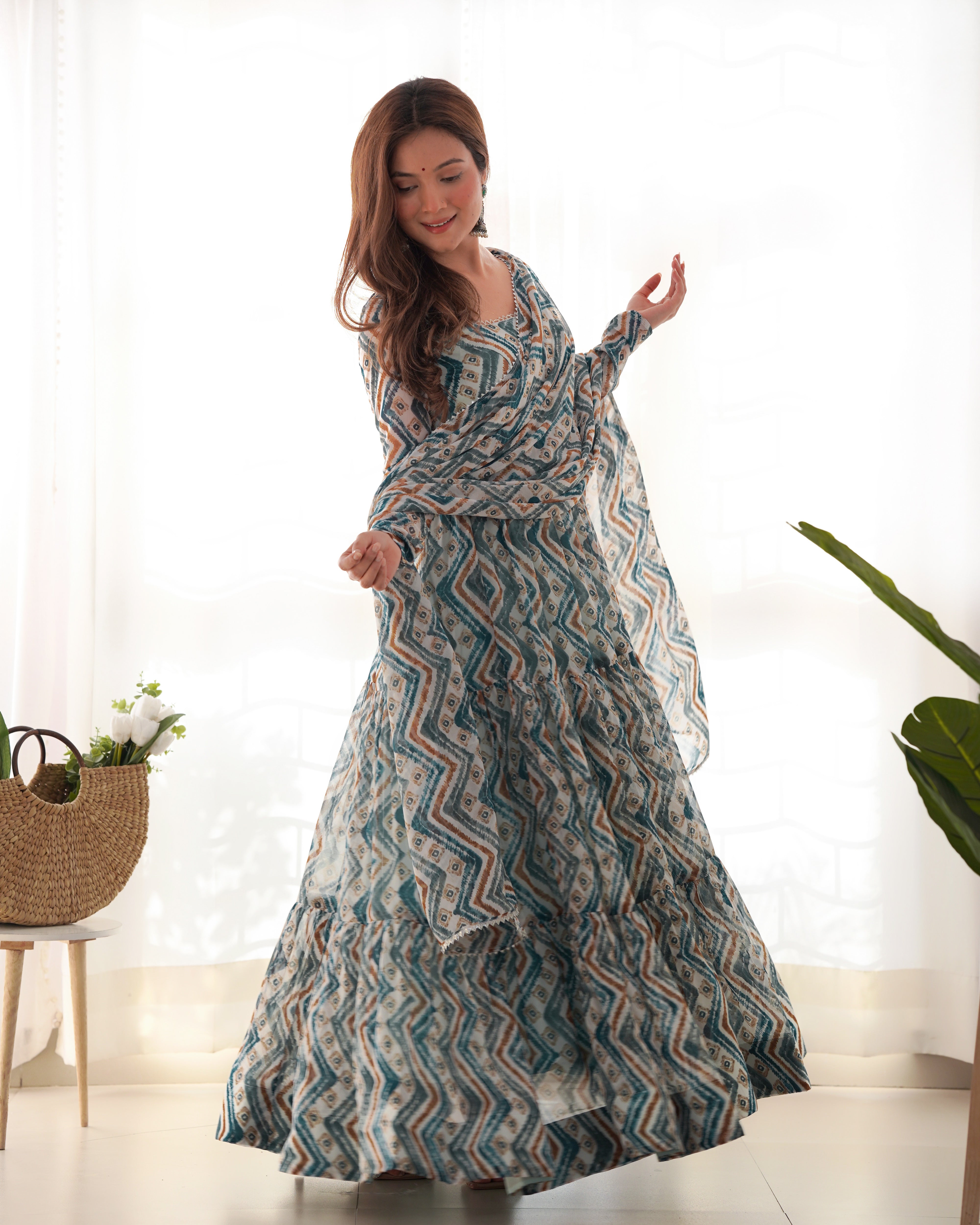 HEAVY PURE SOFT FOX GEORGETTE ZIGZAG PRINT GOWN