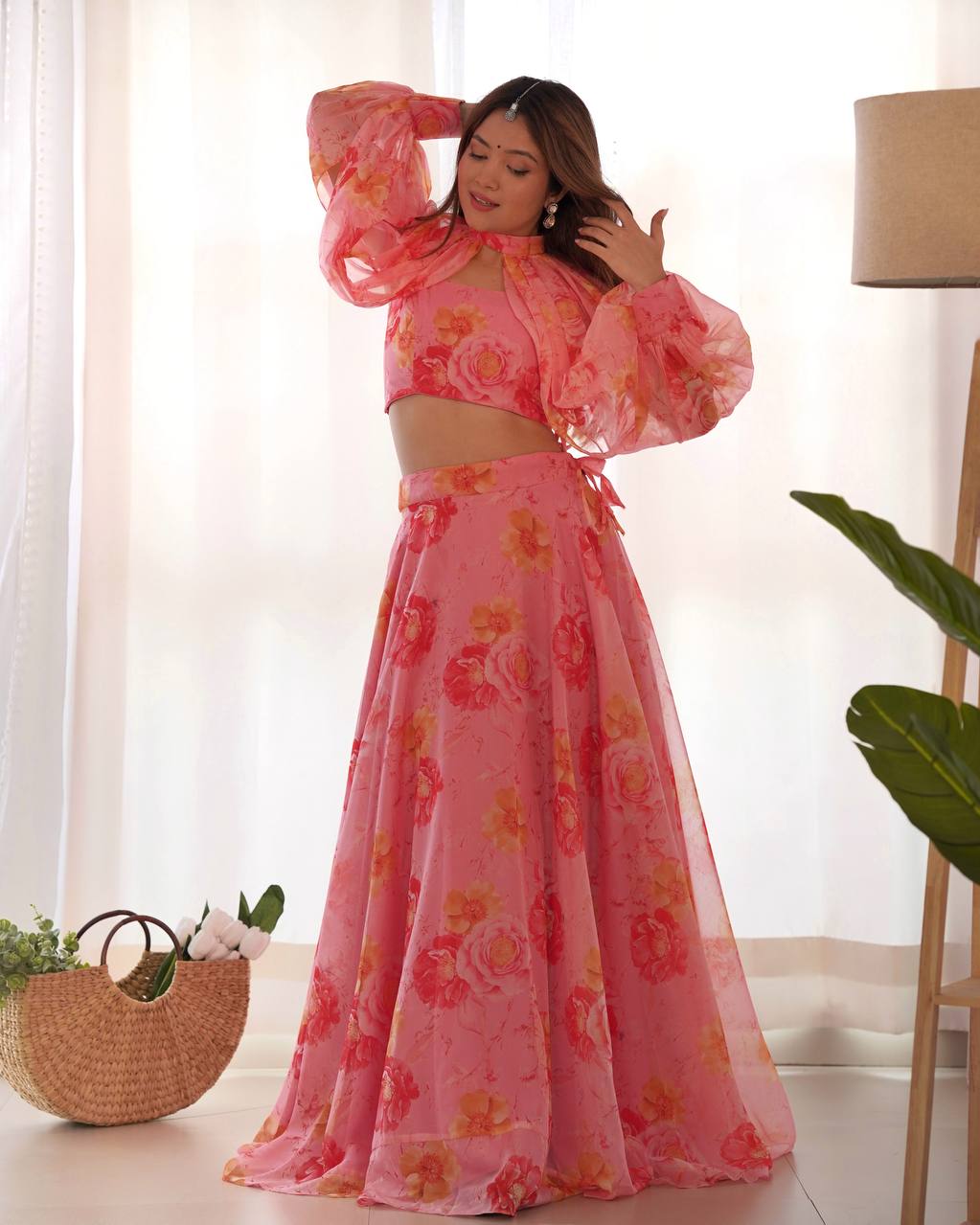 MULTI FLORAL ORGANJA FABRIC LEHENGHA CHOLI