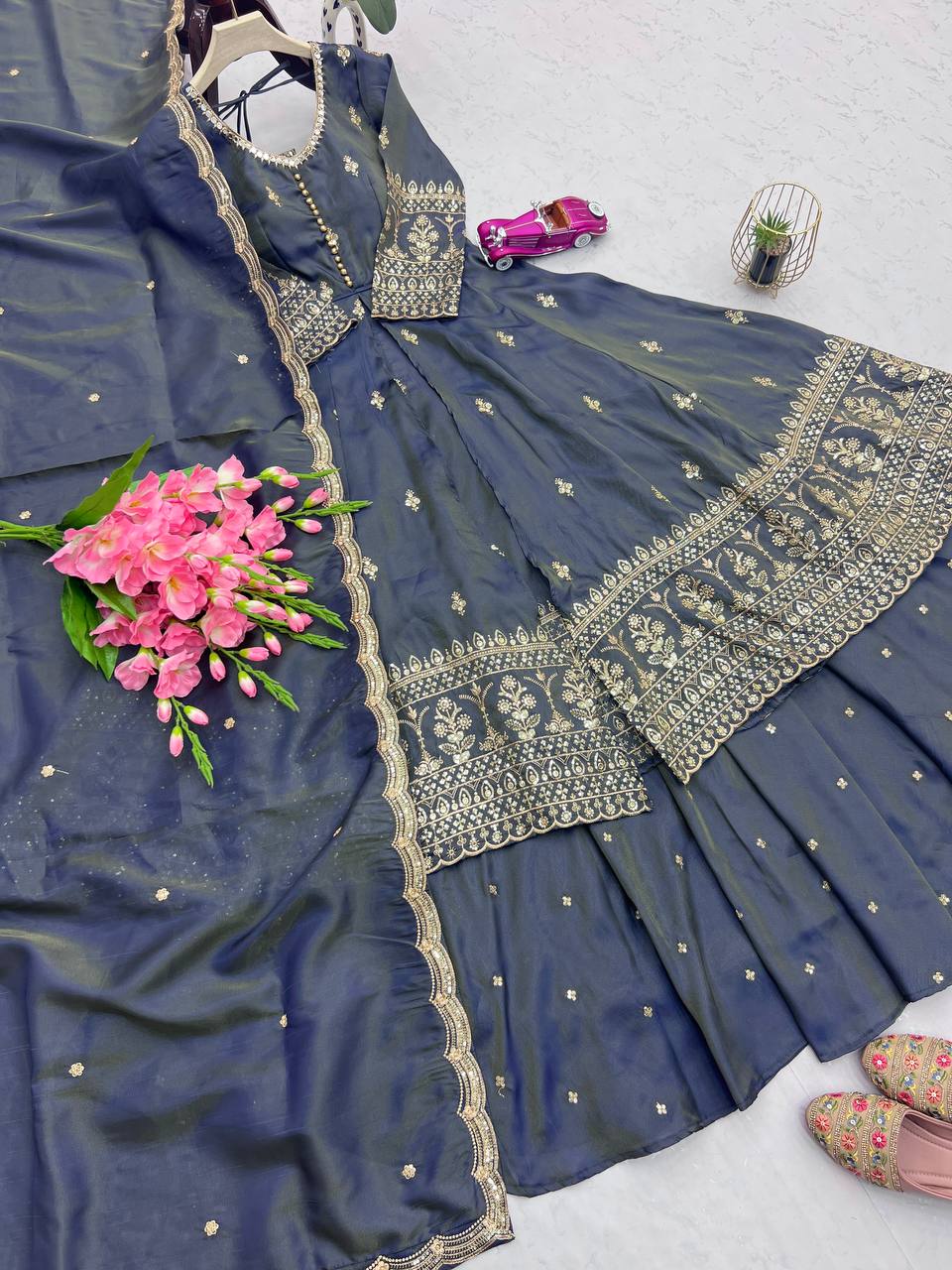 Suit LahengaN And Dupatta with Embroidery Sequins Work With Real Mirro