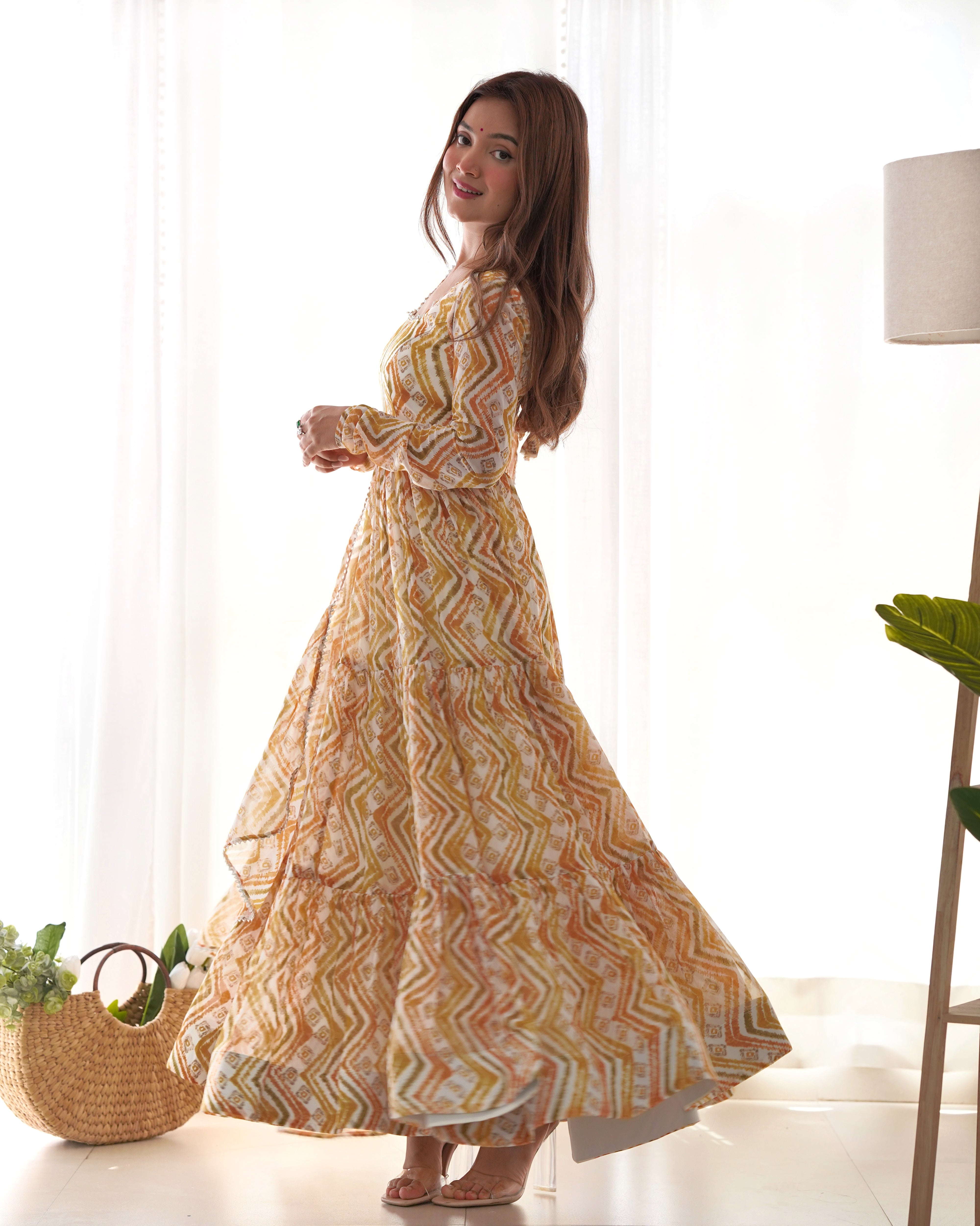 HEAVY PURE SOFT FOX GEORGETTE ZIGZAG PRINT GOWN