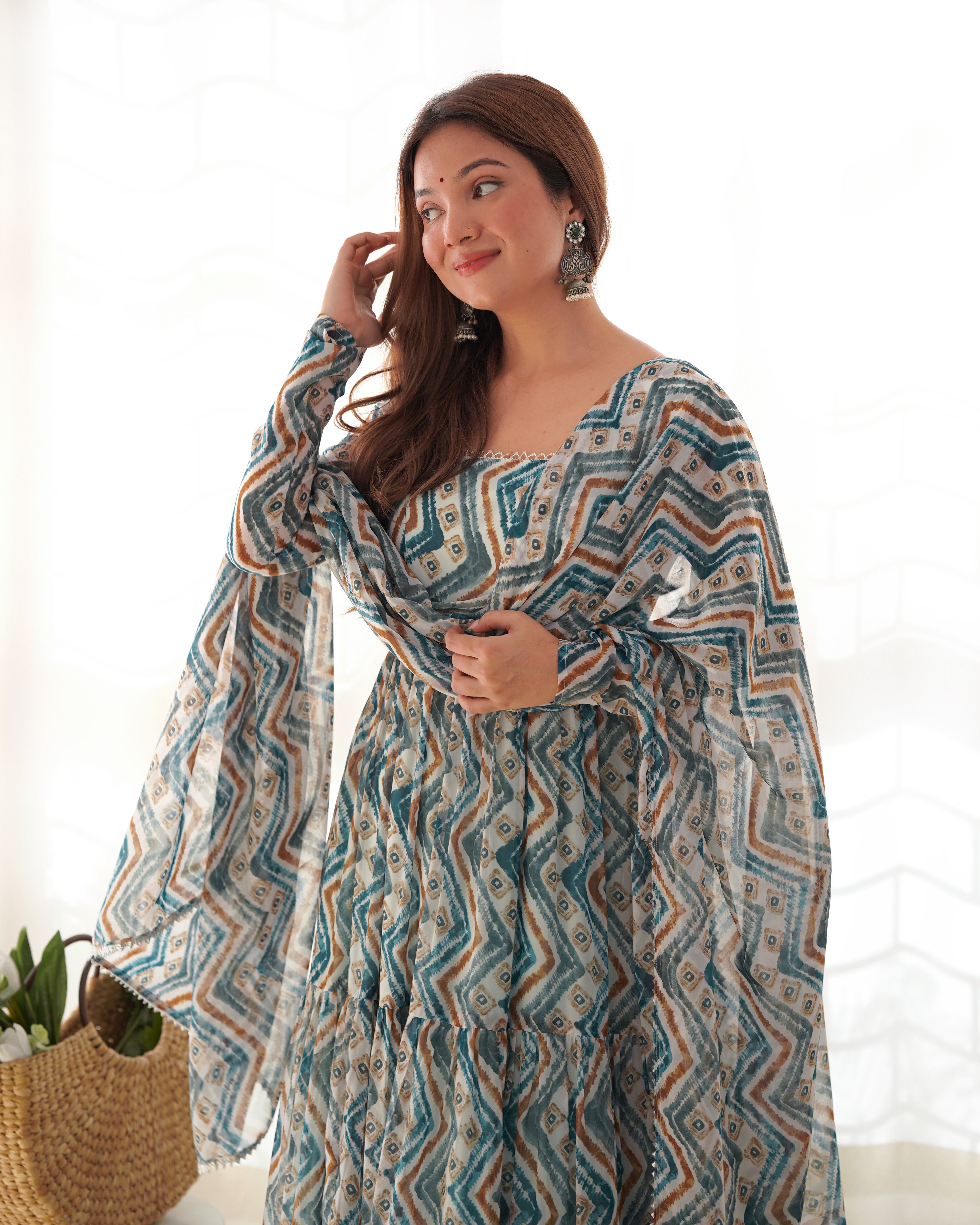HEAVY PURE SOFT FOX GEORGETTE ZIGZAG PRINT GOWN