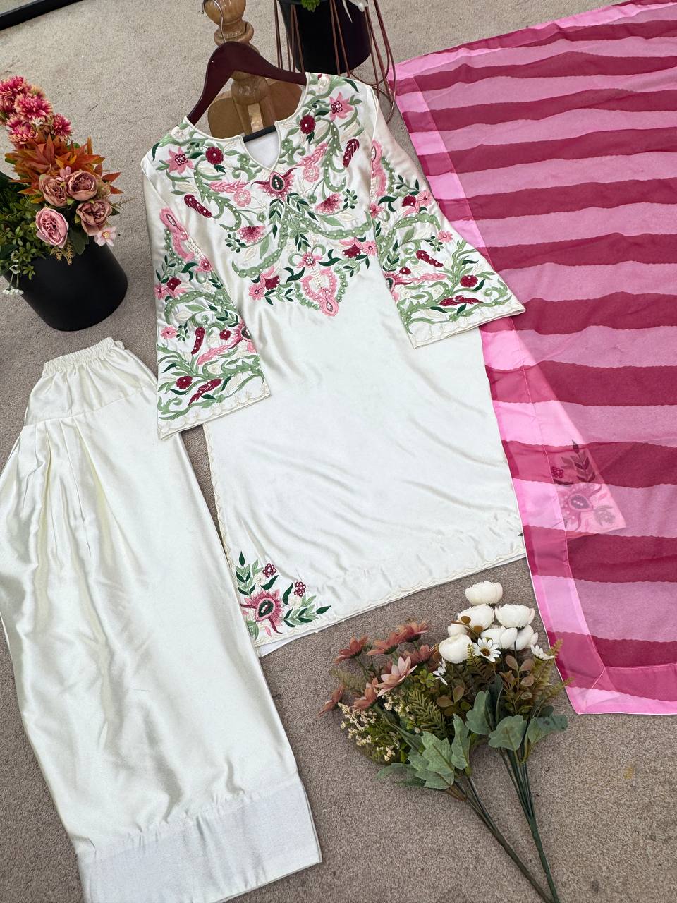 Natural Crep Silk Top-Bottom And Dupatta Set