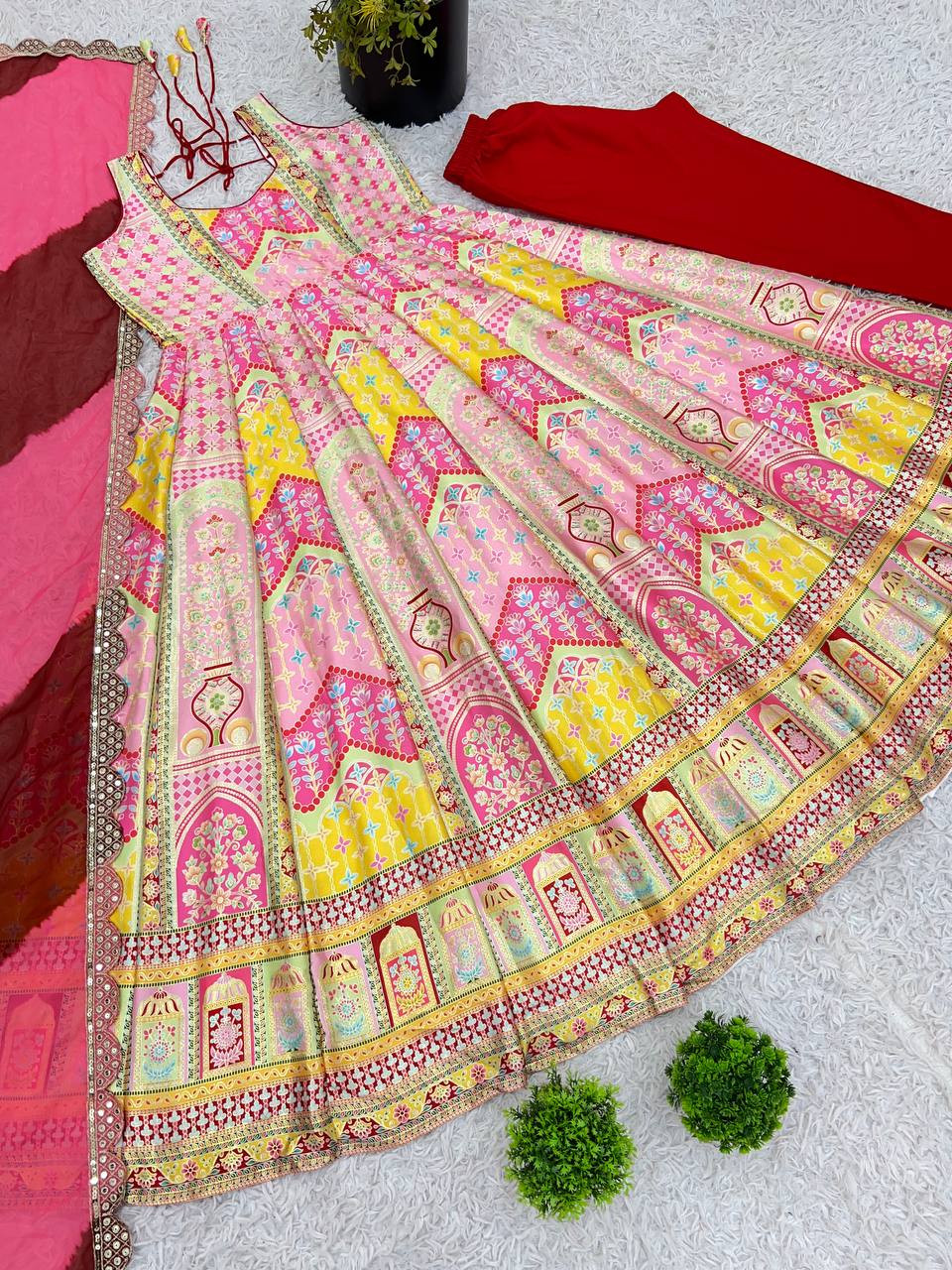 Gown, Bottom and Dupatta in Fully Kali Flair With Attached Pad