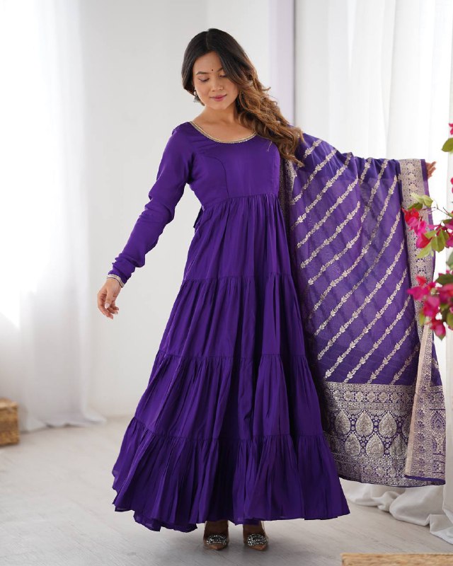 HEAVY PURE ROMANSILK CHANDERI FABRIC GOWN