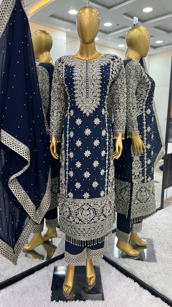 Faux Georgette With Heavy Embroidery Sequence Work Top-Bottom And Dupatta Set Fully Stitched Ready To Wear