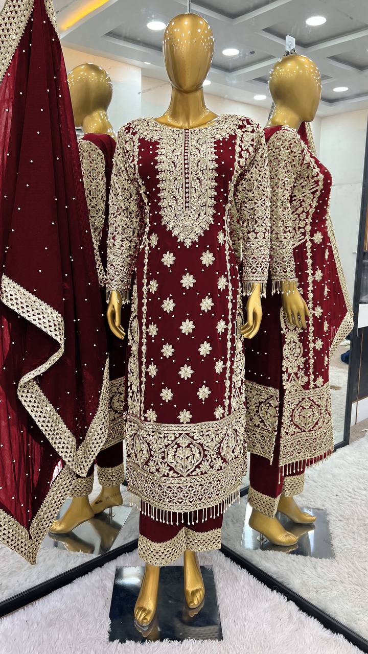 Faux Georgette With Heavy Embroidery Sequence Work Top-Bottom And Dupatta Set Fully Stitched Ready To Wear