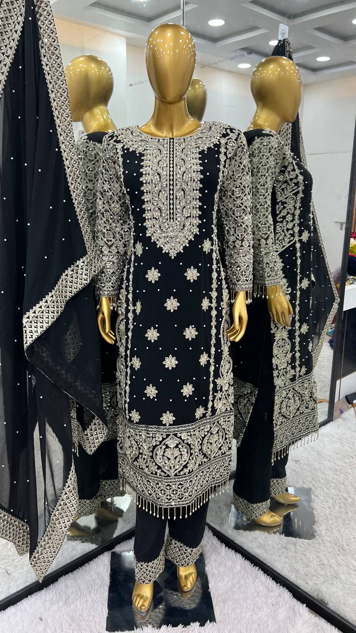 Faux Georgette With Heavy Embroidery Sequence Work Top-Bottom And Dupatta Set Fully Stitched Ready To Wear