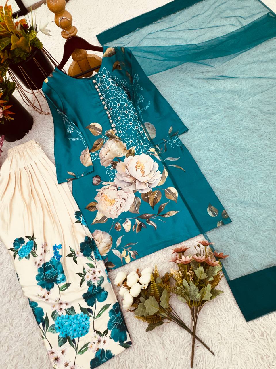 Natural Crep Silk Top-Bottom And Dupatta Set Fully Stitched