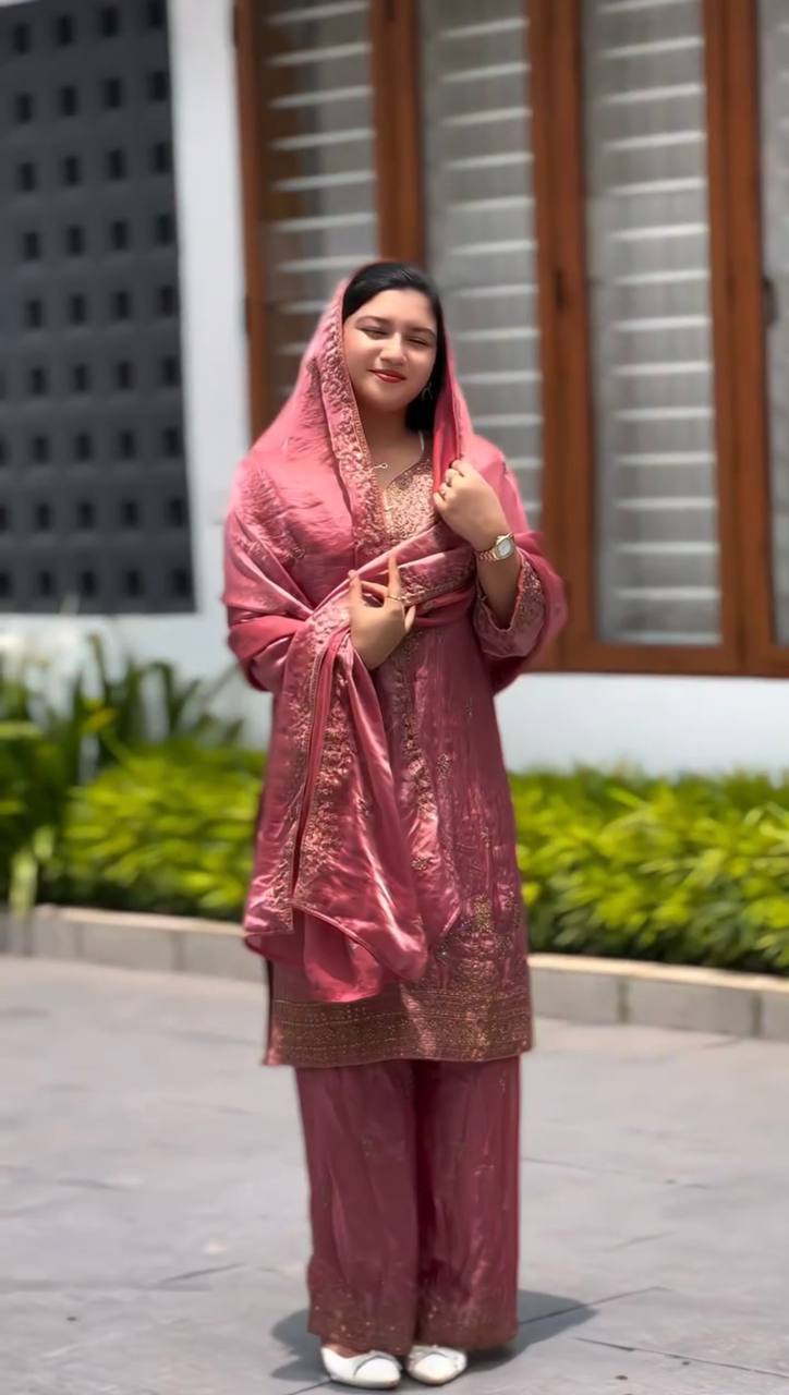 Premium Quality With Embroidery Sequence Worked Top-Plazzo And Dupatta Set