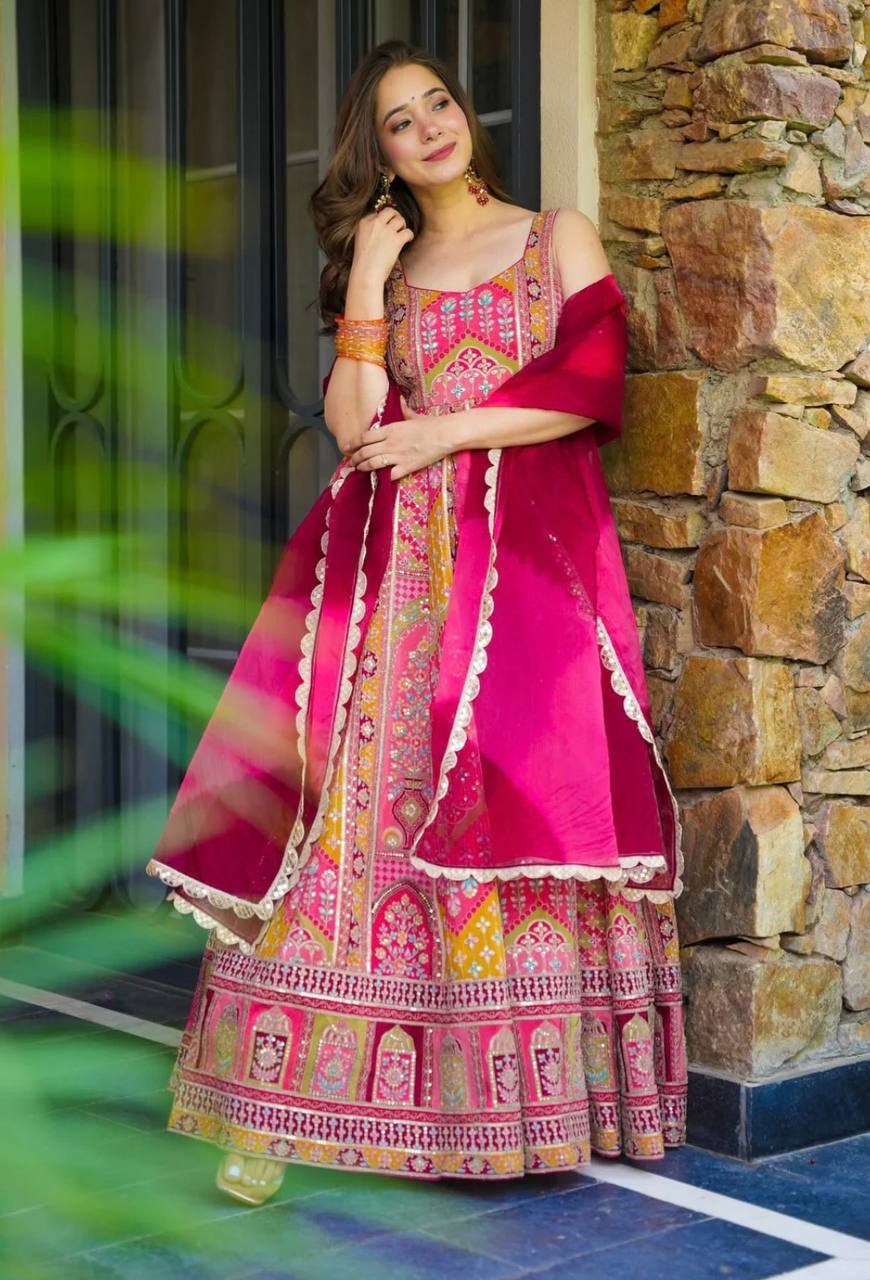 Gown, Bottom and Dupatta in Fully Kali Flair With Attached Pad