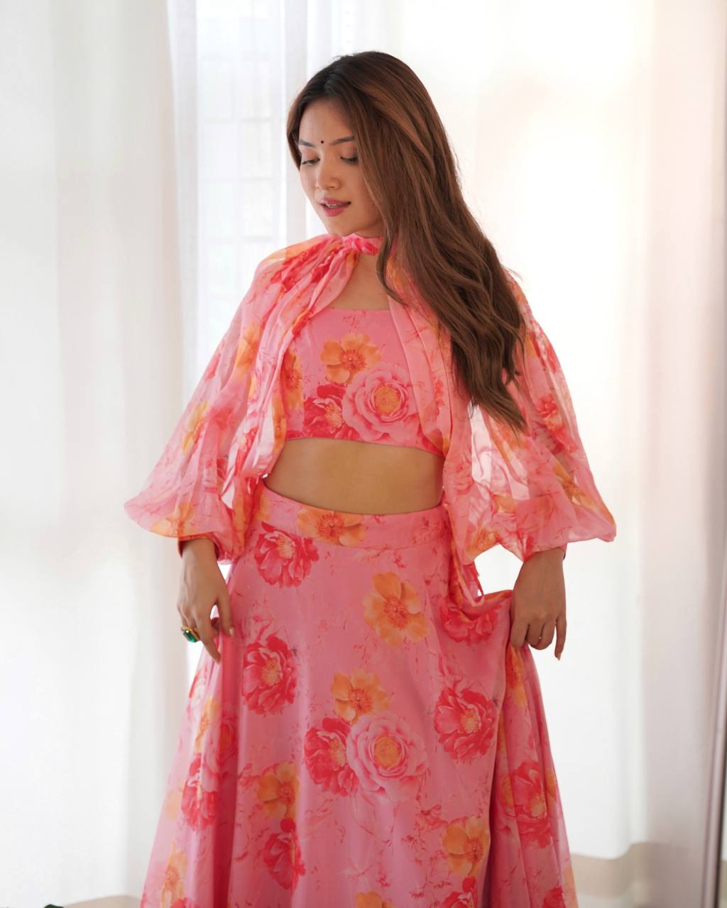 MULTI FLORAL ORGANJA FABRIC LEHENGHA CHOLI