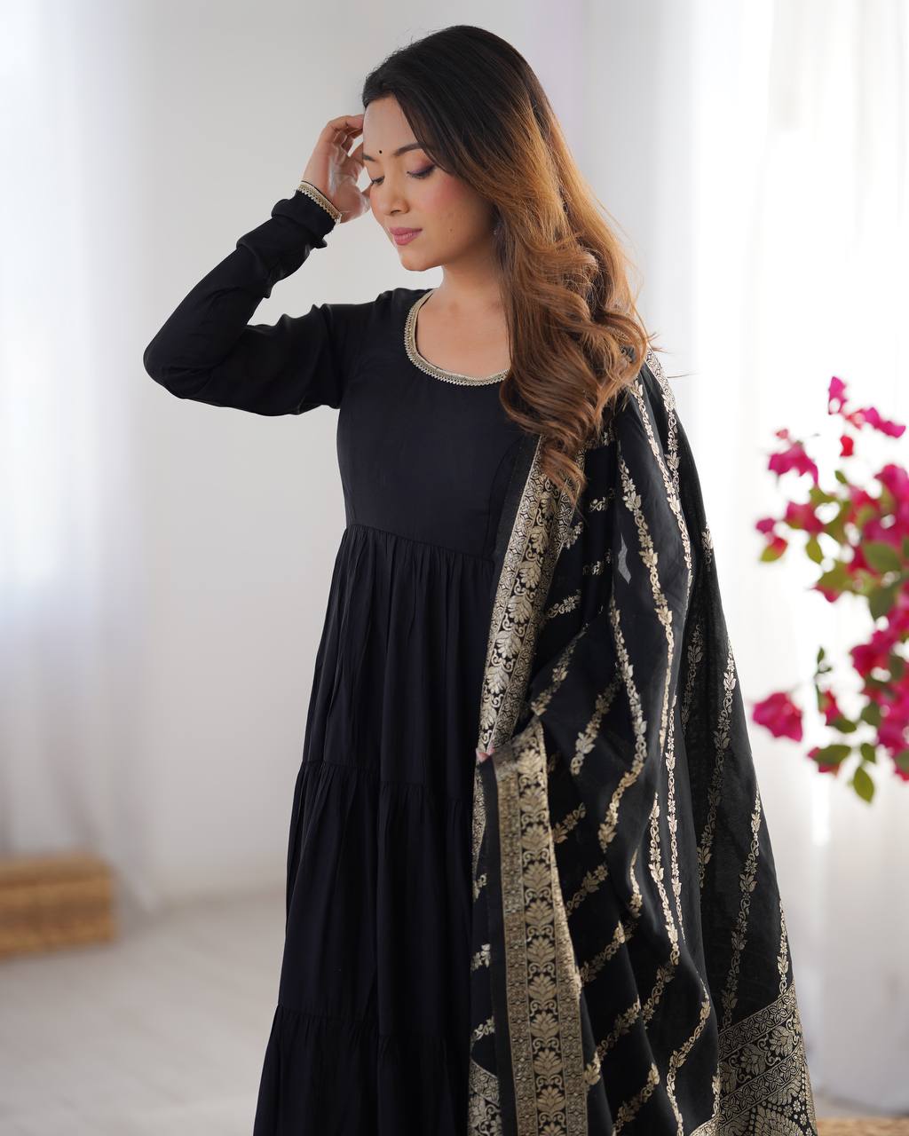 HEAVY PURE ROMANSILK CHANDERI FABRIC GOWN