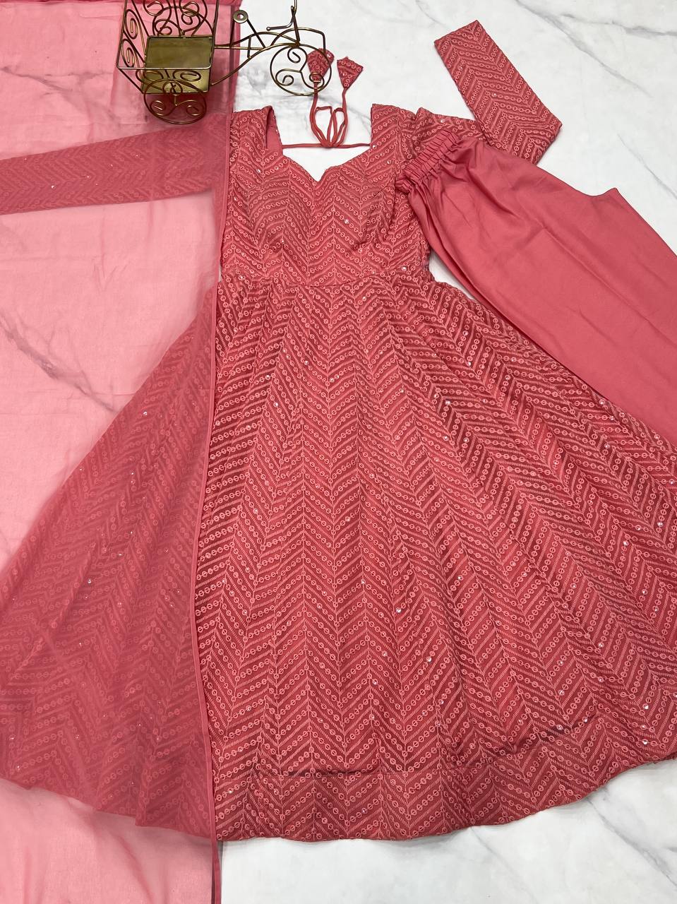 HEAVY PURE SOFT FOX GEORGETTE LUKHNOWI SEQUENCE GOWN