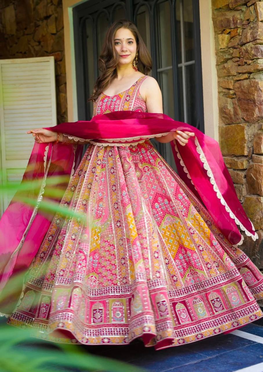 Gown, Bottom and Dupatta in Fully Kali Flair With Attached Pad