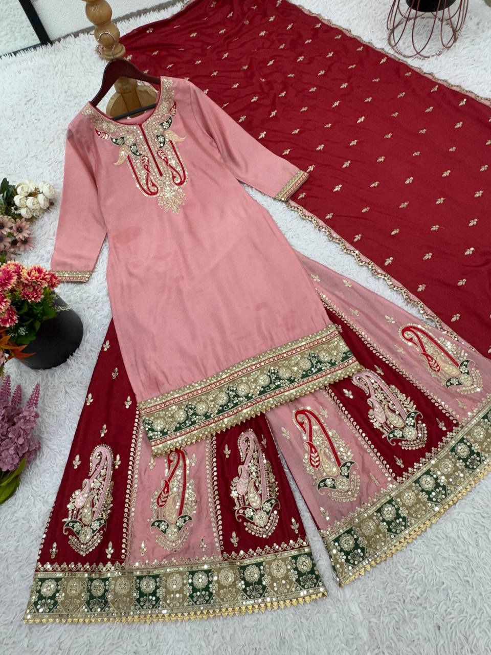 Heavy Chinnon Silk Top-Bottom And Dupatta Set