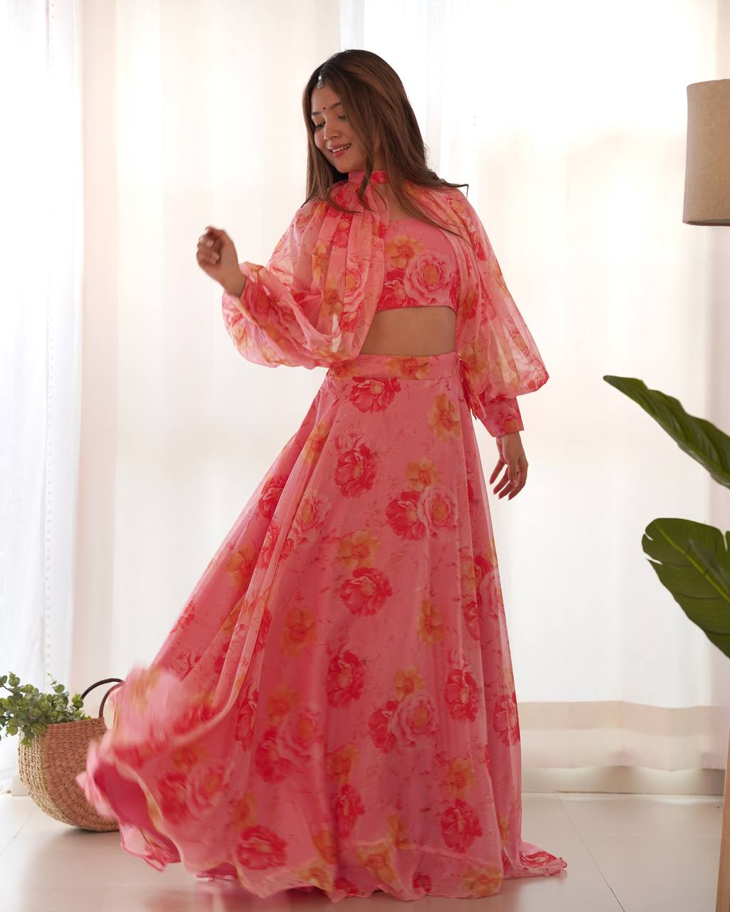 MULTI FLORAL ORGANJA FABRIC LEHENGHA CHOLI