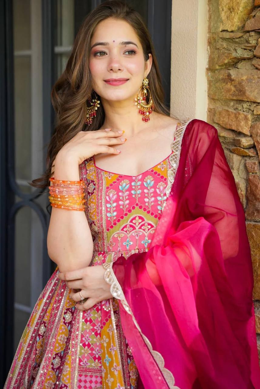 Gown, Bottom and Dupatta in Fully Kali Flair With Attached Pad