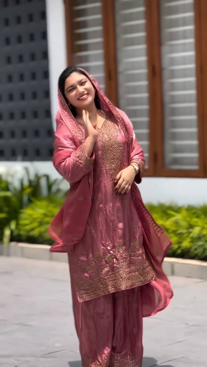 Premium Quality With Embroidery Sequence Worked Top-Plazzo And Dupatta Set