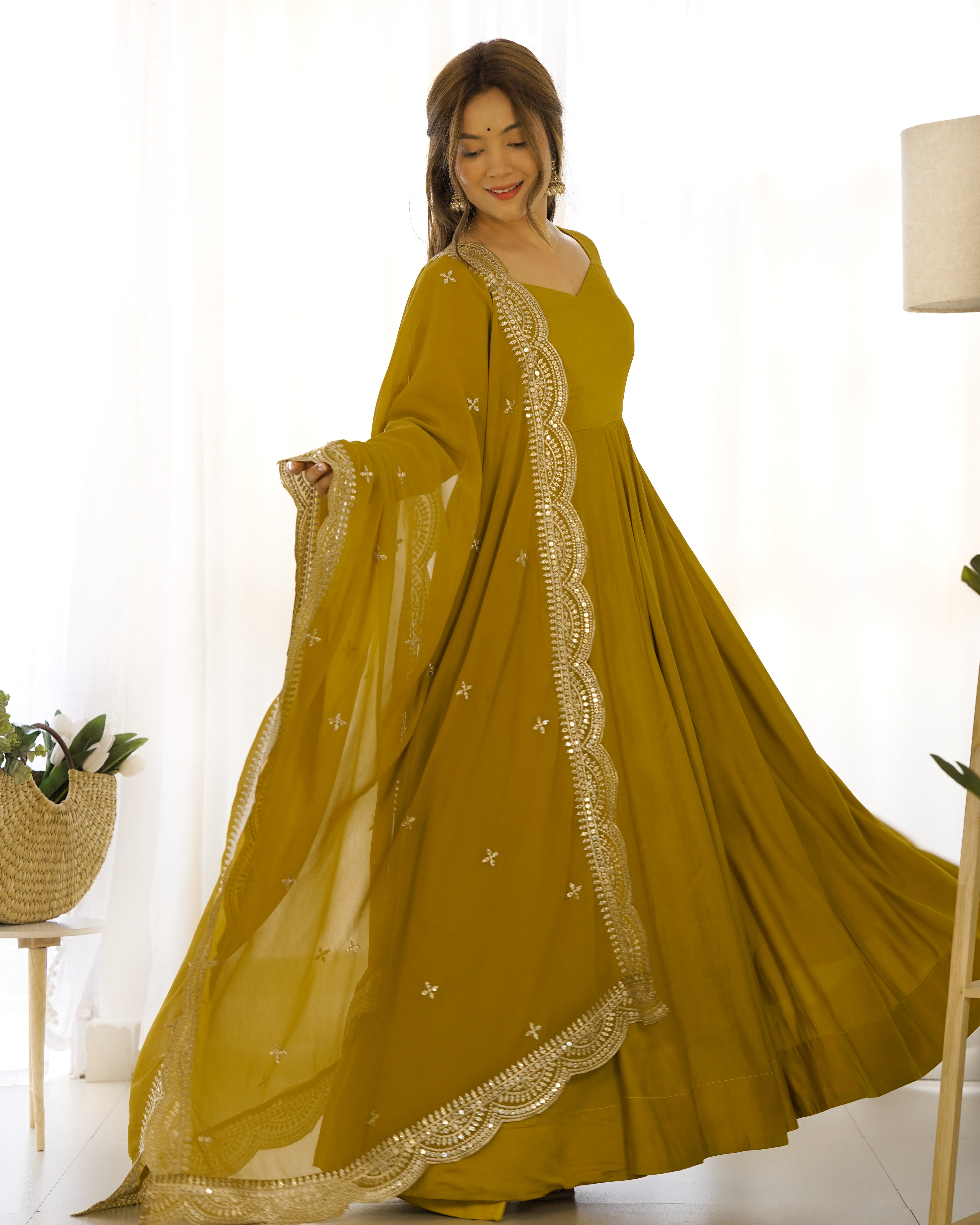 HEAVY PURE ROMANSILK  CHANDERI FABRIC GOWN