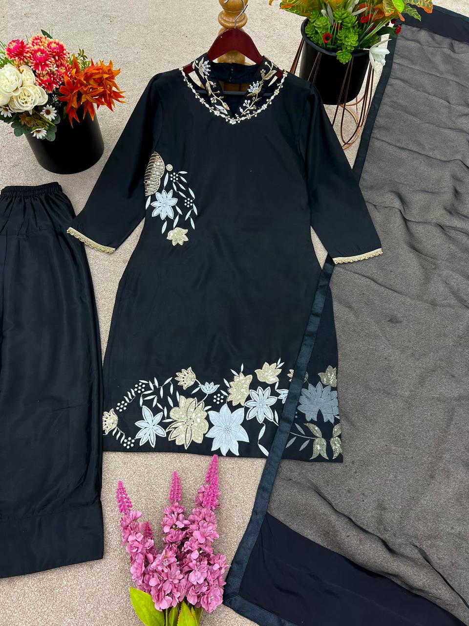 Natural Crep Silk Top-Bottom And Dupatta Set