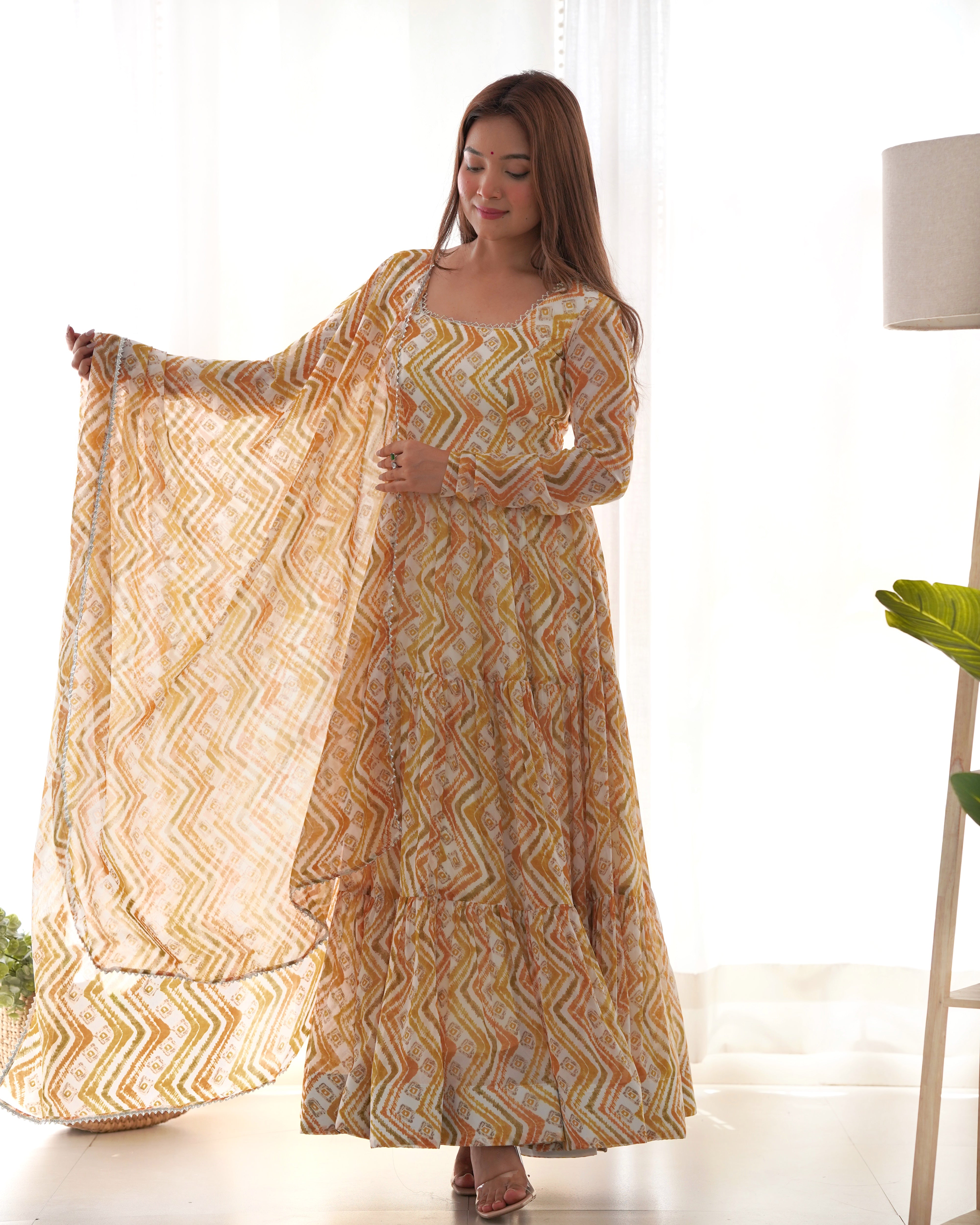 HEAVY PURE SOFT FOX GEORGETTE ZIGZAG PRINT GOWN