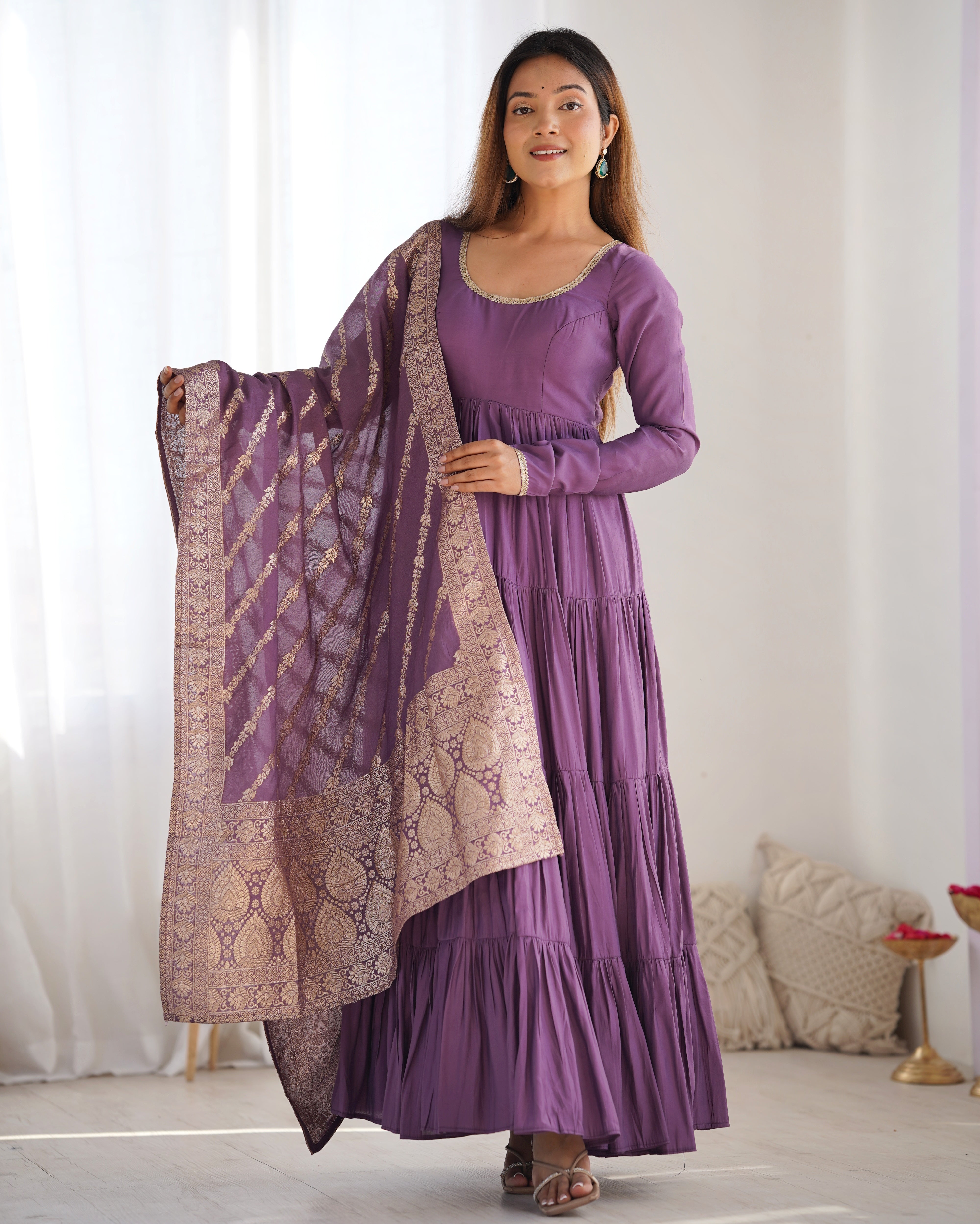 HEAVY PURE ROMANSILK CHANDERI FABRIC GOWN