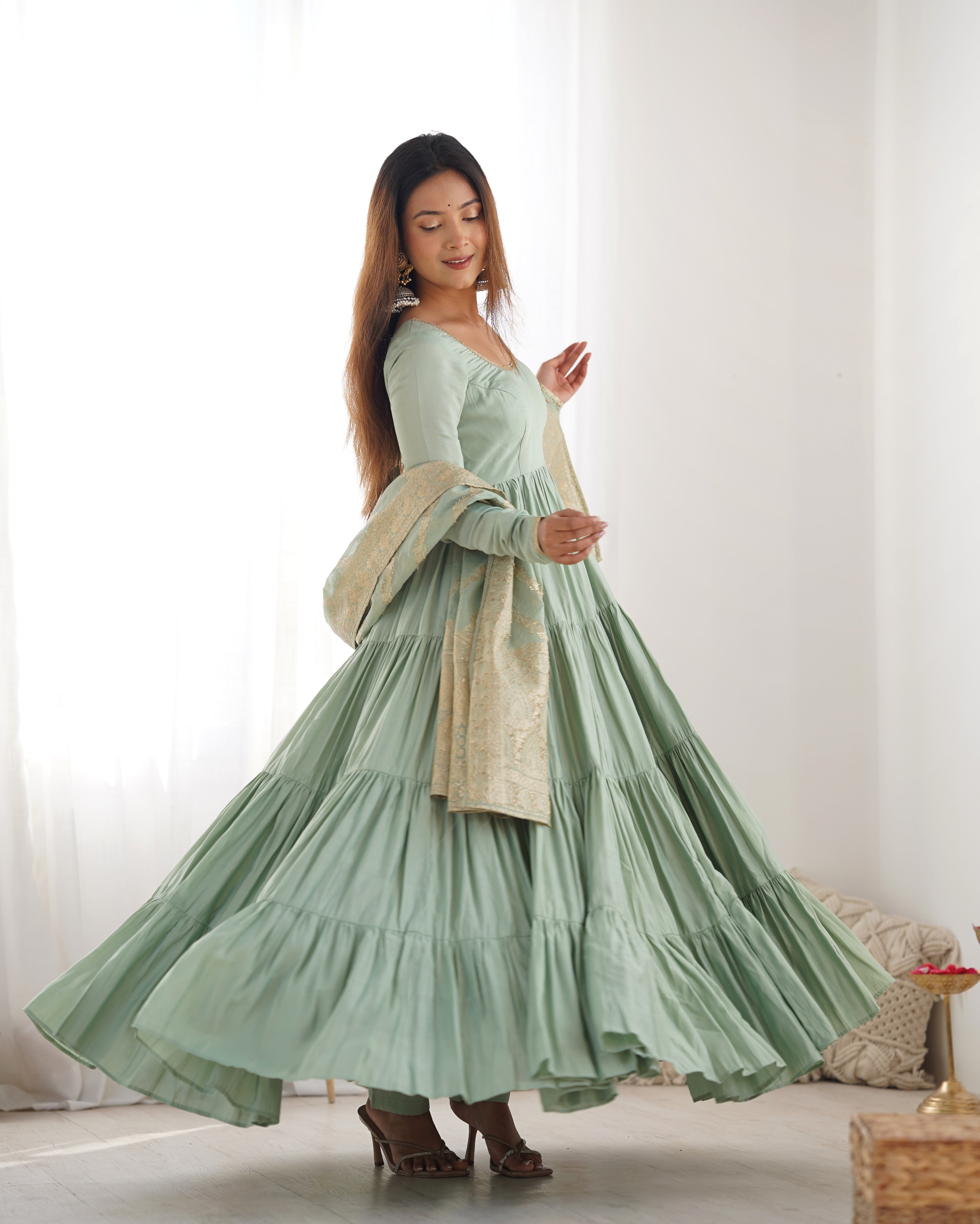 HEAVY PURE ROMANSILK CHANDERI FABRIC GOWN