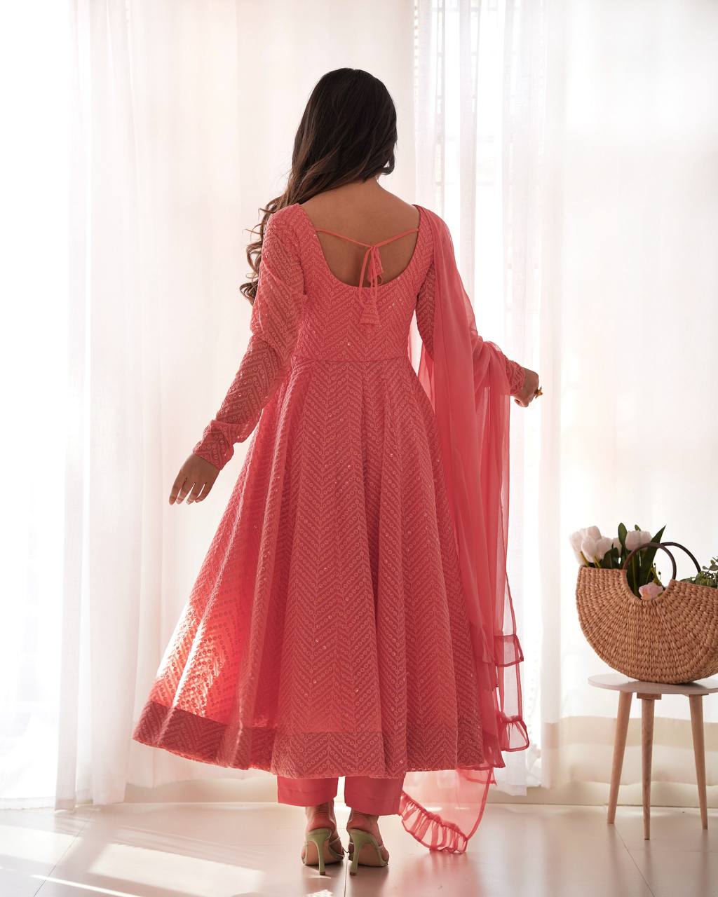 HEAVY PURE SOFT FOX GEORGETTE LUKHNOWI SEQUENCE GOWN