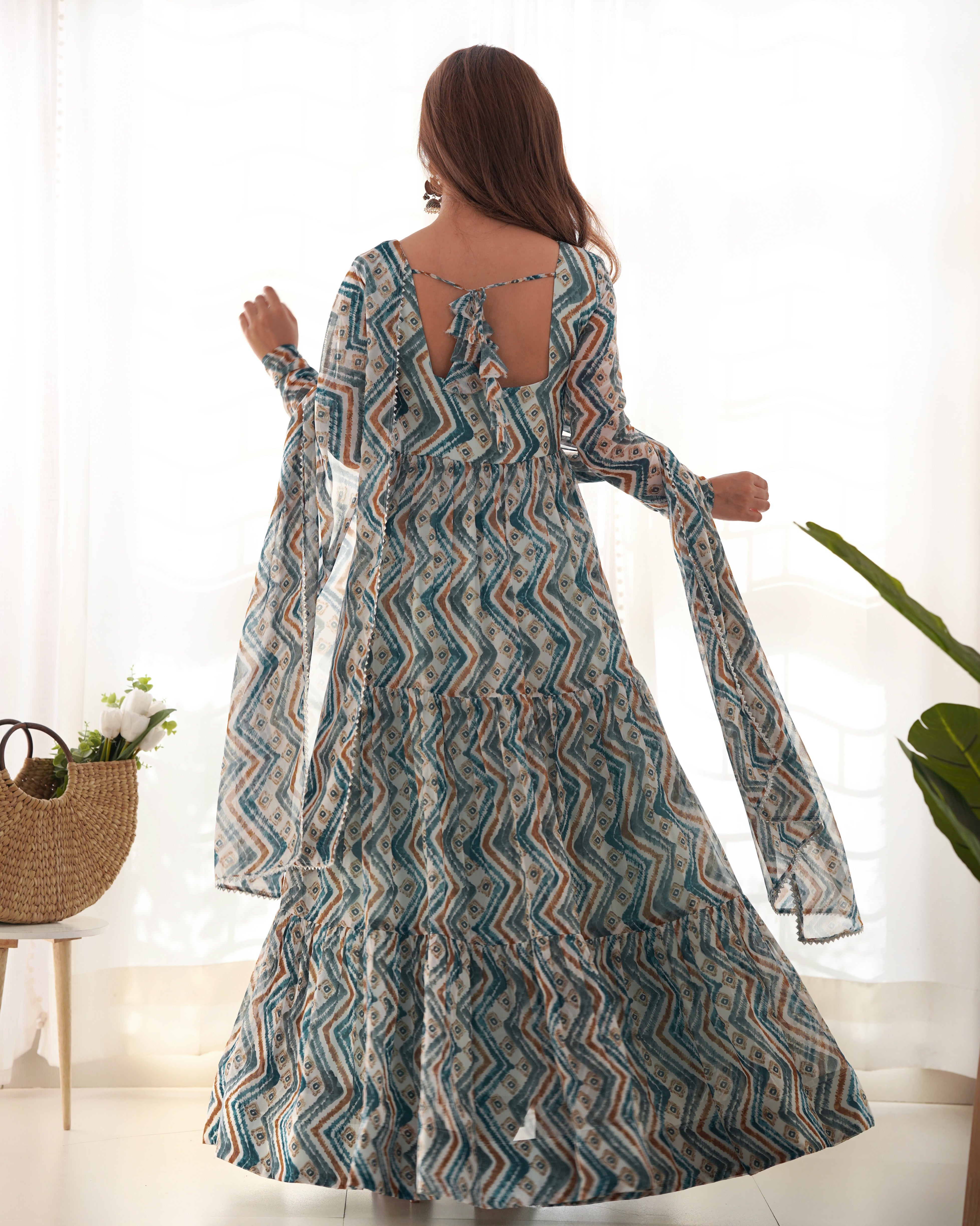 HEAVY PURE SOFT FOX GEORGETTE ZIGZAG PRINT GOWN