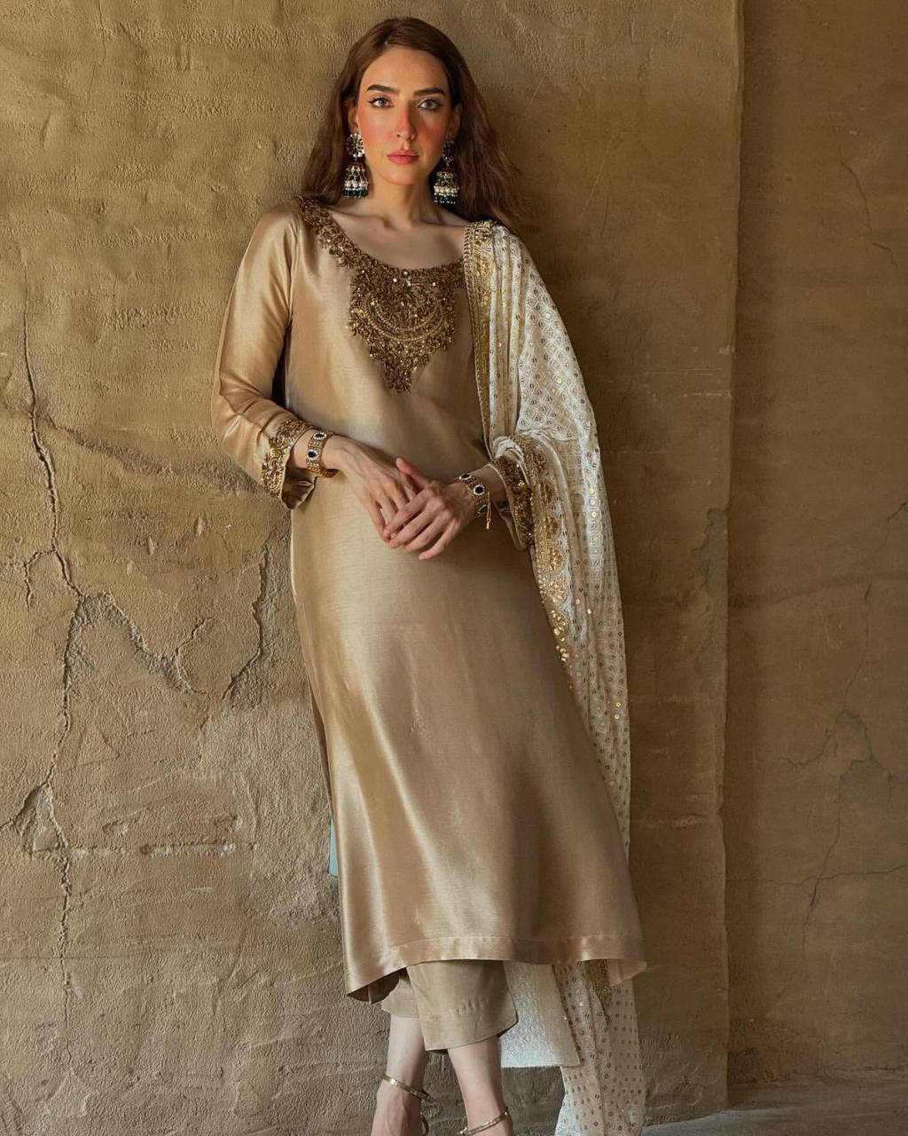 Premium Quality With Embroidery Sequence Worked Long Kurti-Bottom And Dupatta