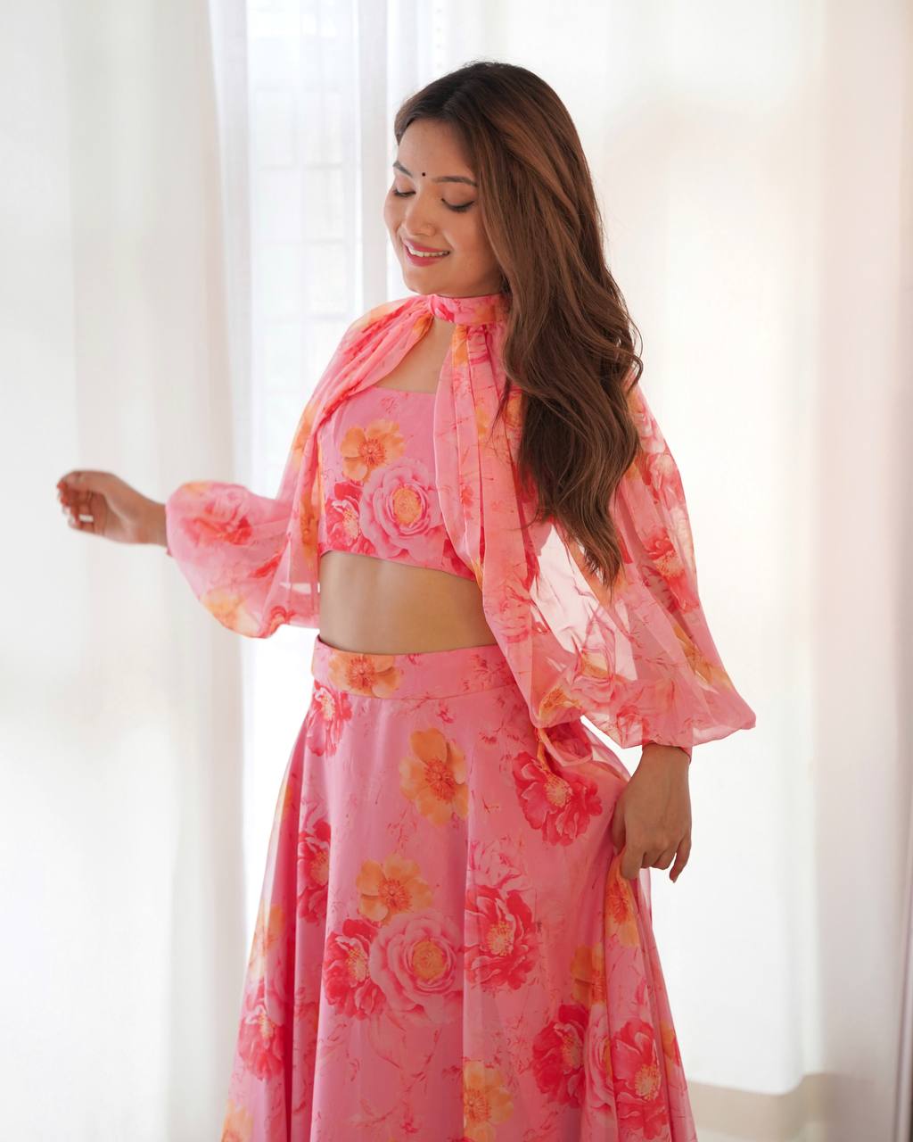 MULTI FLORAL ORGANJA FABRIC LEHENGHA CHOLI