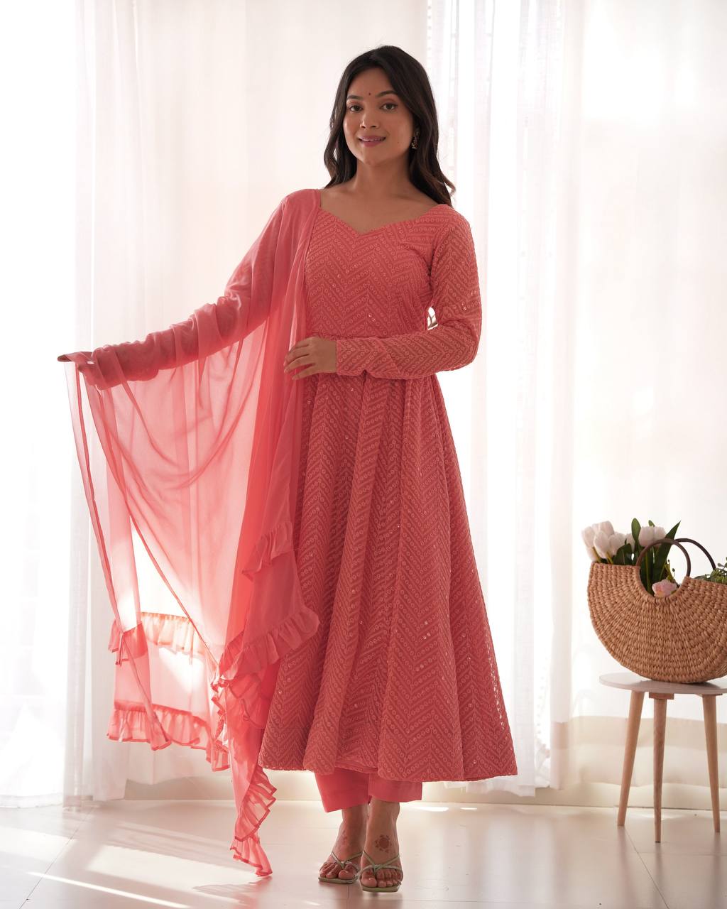 HEAVY PURE SOFT FOX GEORGETTE LUKHNOWI SEQUENCE GOWN