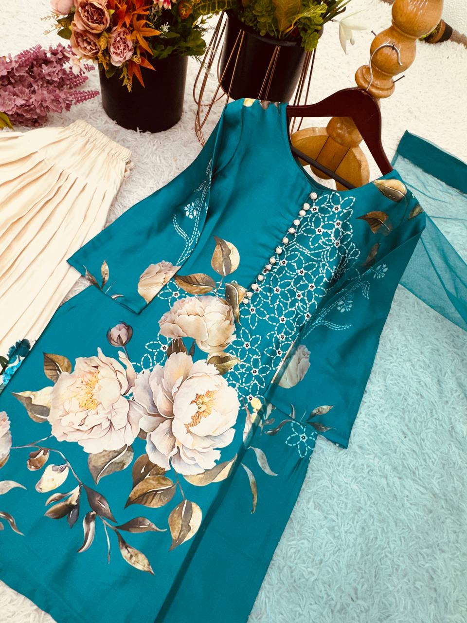 Natural Crep Silk Top-Bottom And Dupatta Set Fully Stitched
