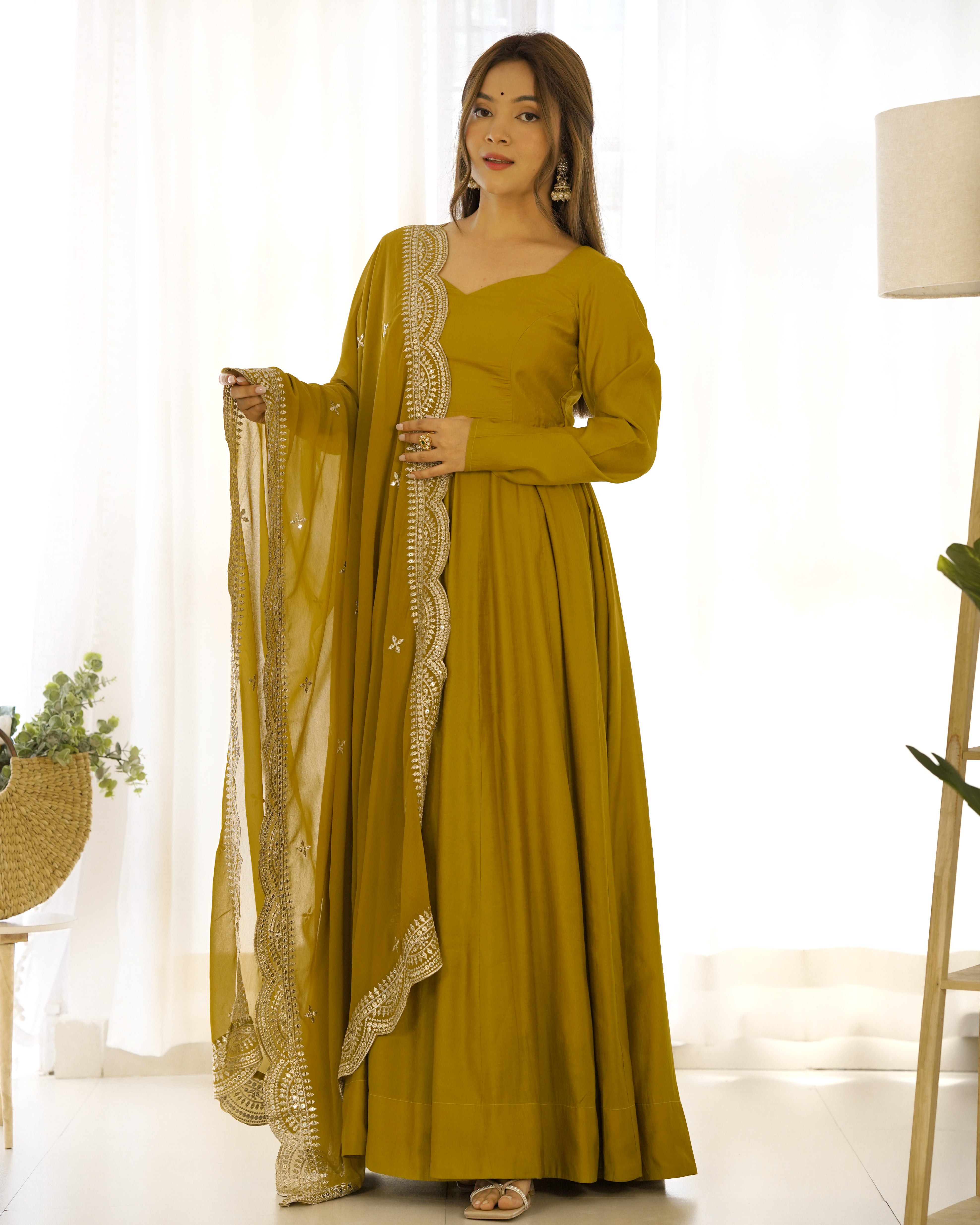 HEAVY PURE ROMANSILK  CHANDERI FABRIC GOWN