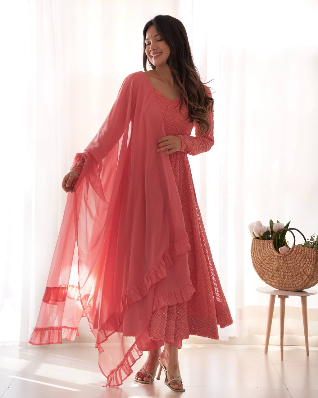 HEAVY PURE SOFT FOX GEORGETTE LUKHNOWI SEQUENCE GOWN