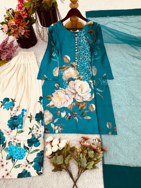 Natural Crep Silk Top-Bottom And Dupatta Set Fully Stitched