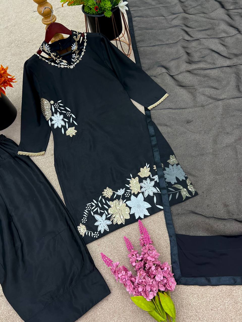 Natural Crep Silk Top-Bottom And Dupatta Set