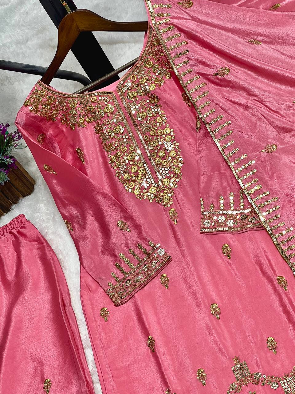 Premium Quality With Embroidery Sequence Worked Top-Plazzo And Dupatta Set