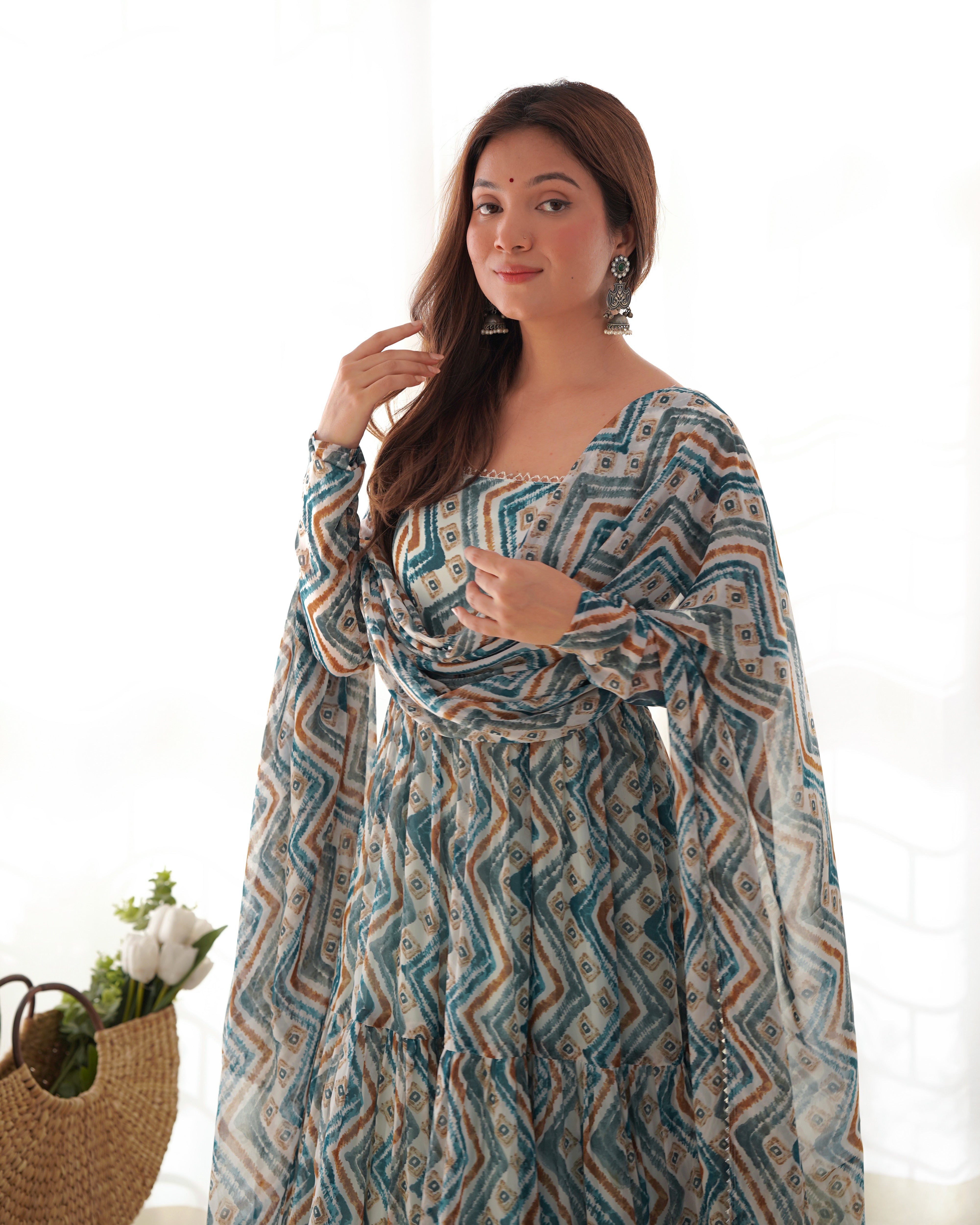 HEAVY PURE SOFT FOX GEORGETTE ZIGZAG PRINT GOWN