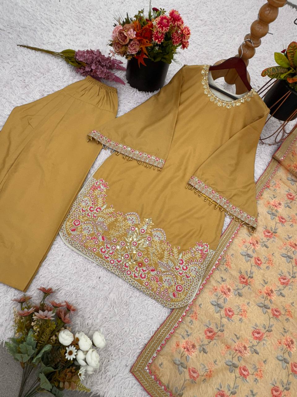 French Crep Silk Top-Bottom And Dupatta Set Fully Stitche