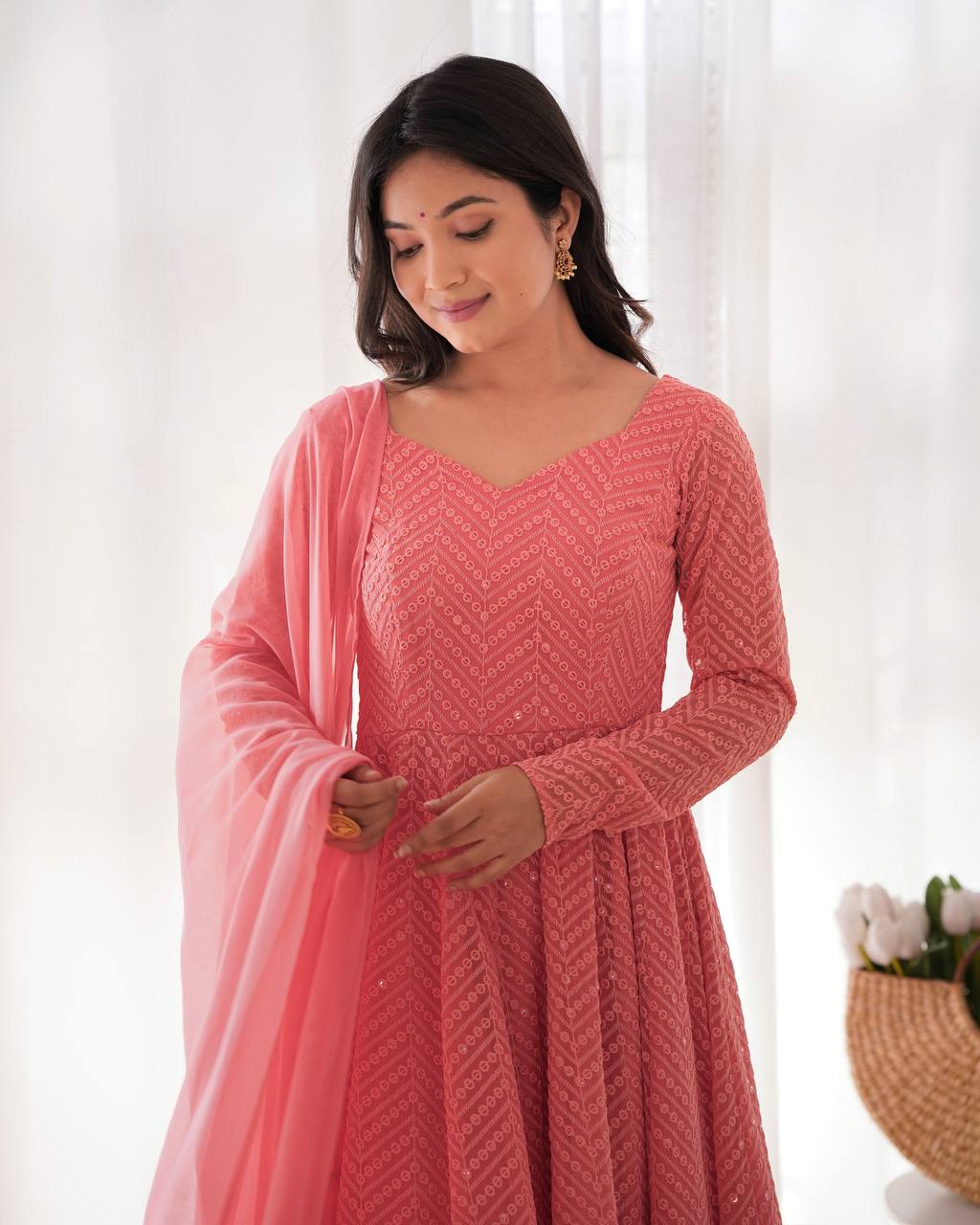 HEAVY PURE SOFT FOX GEORGETTE LUKHNOWI SEQUENCE GOWN