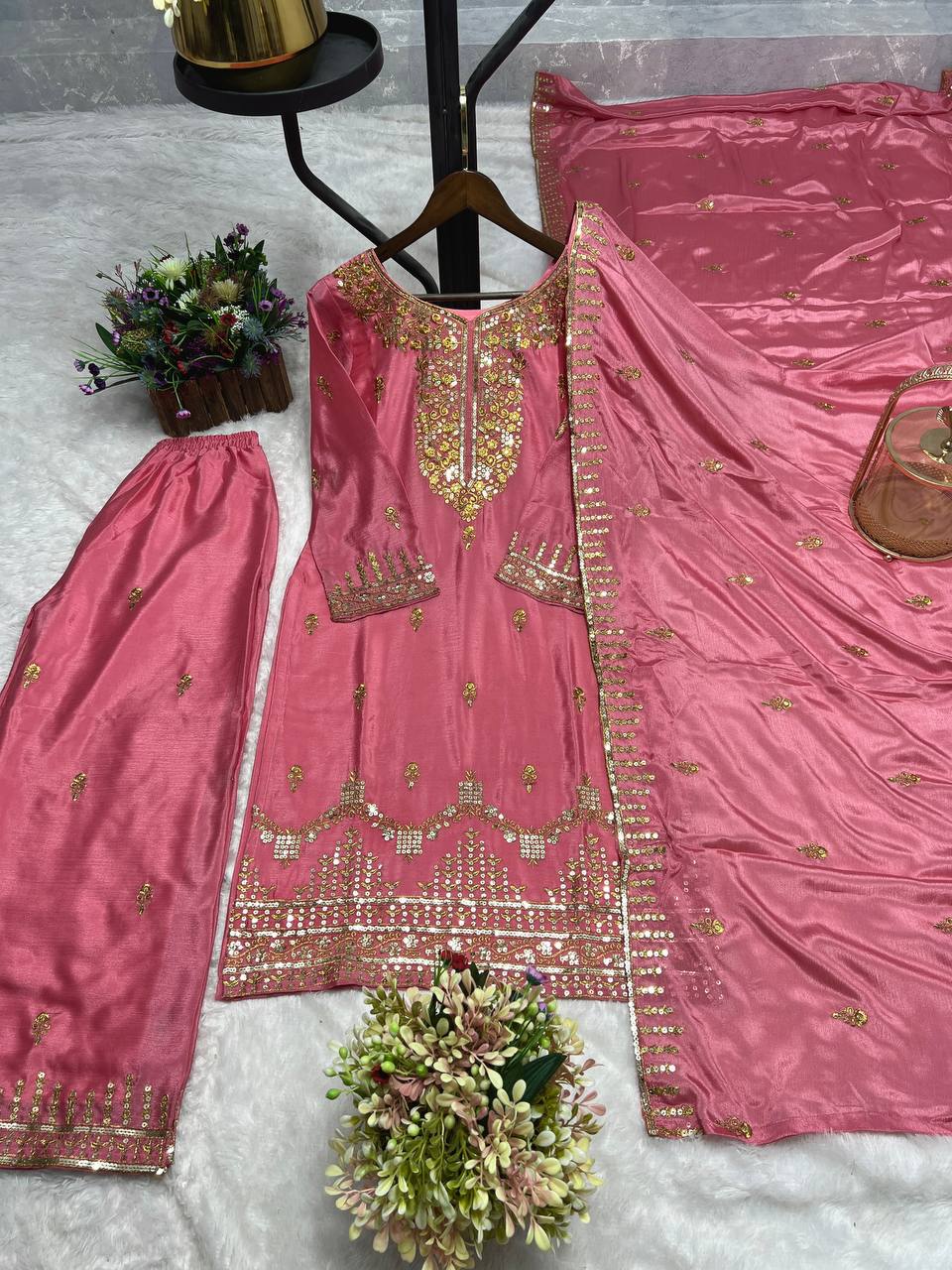 Premium Quality With Embroidery Sequence Worked Top-Plazzo And Dupatta Set