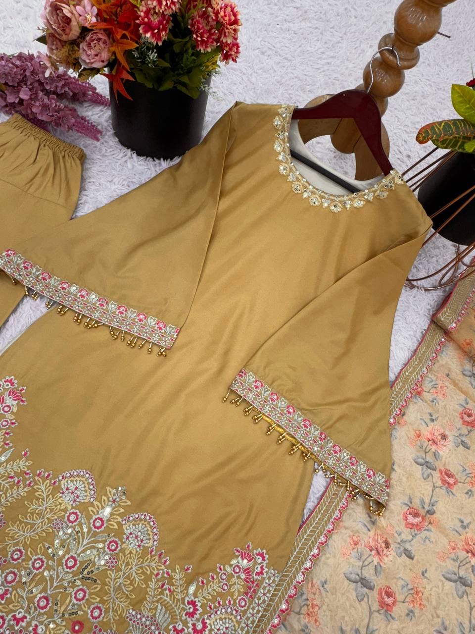 French Crep Silk Top-Bottom And Dupatta Set Fully Stitche