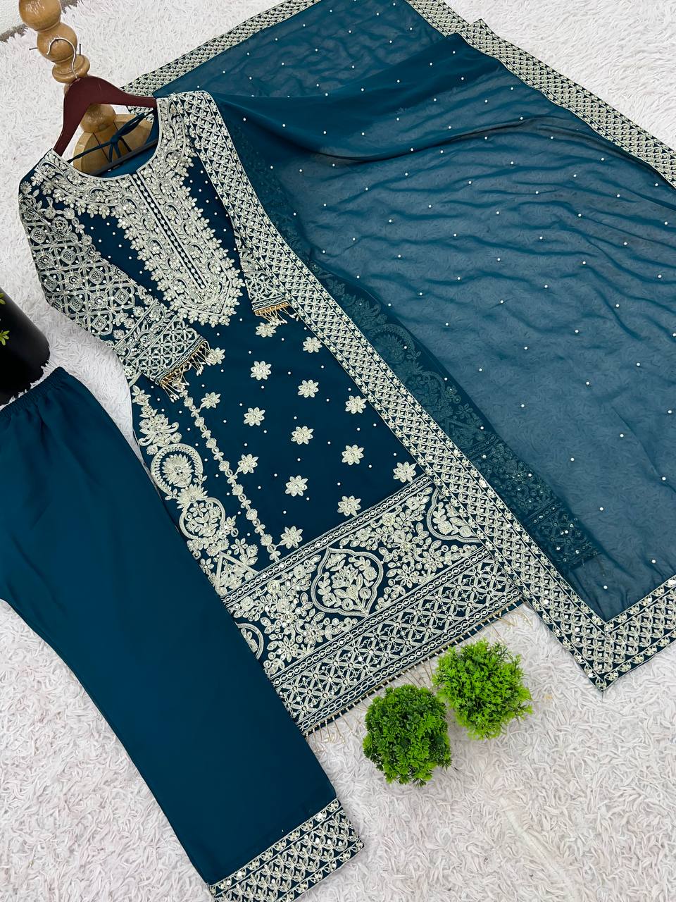 Faux Georgette With Heavy Embroidery Sequence Work Top-Bottom And Dupatta Set Fully Stitched Ready To Wear