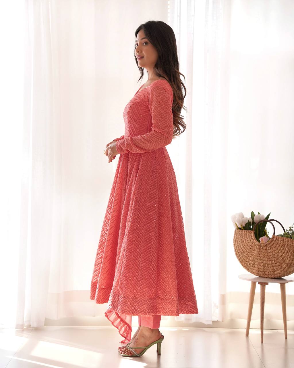 HEAVY PURE SOFT FOX GEORGETTE LUKHNOWI SEQUENCE GOWN